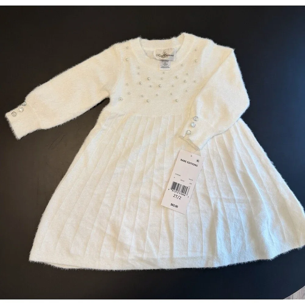 NWT Rare Editions Girls 2T White Pearl Embellished Eyelash Knit Sweater Dress